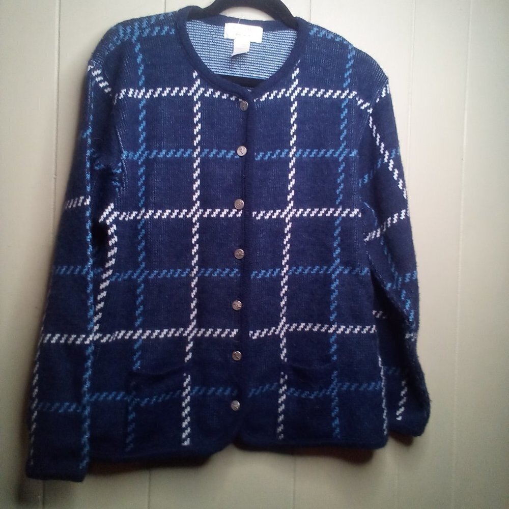 Tally Ho Sweater Cardigan L Button Up Long Sleeve Blue White